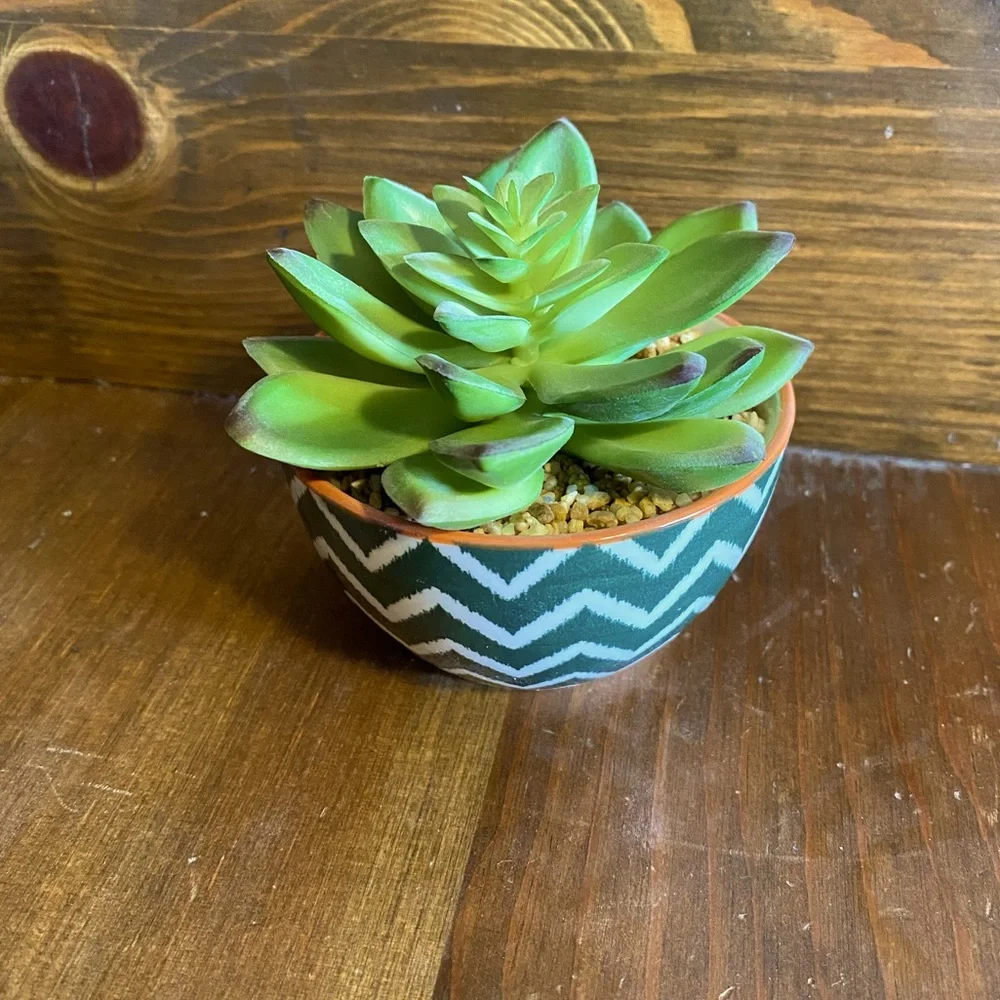 Faux Succulent Planter in Chevron Pattern Ceramic Pot
